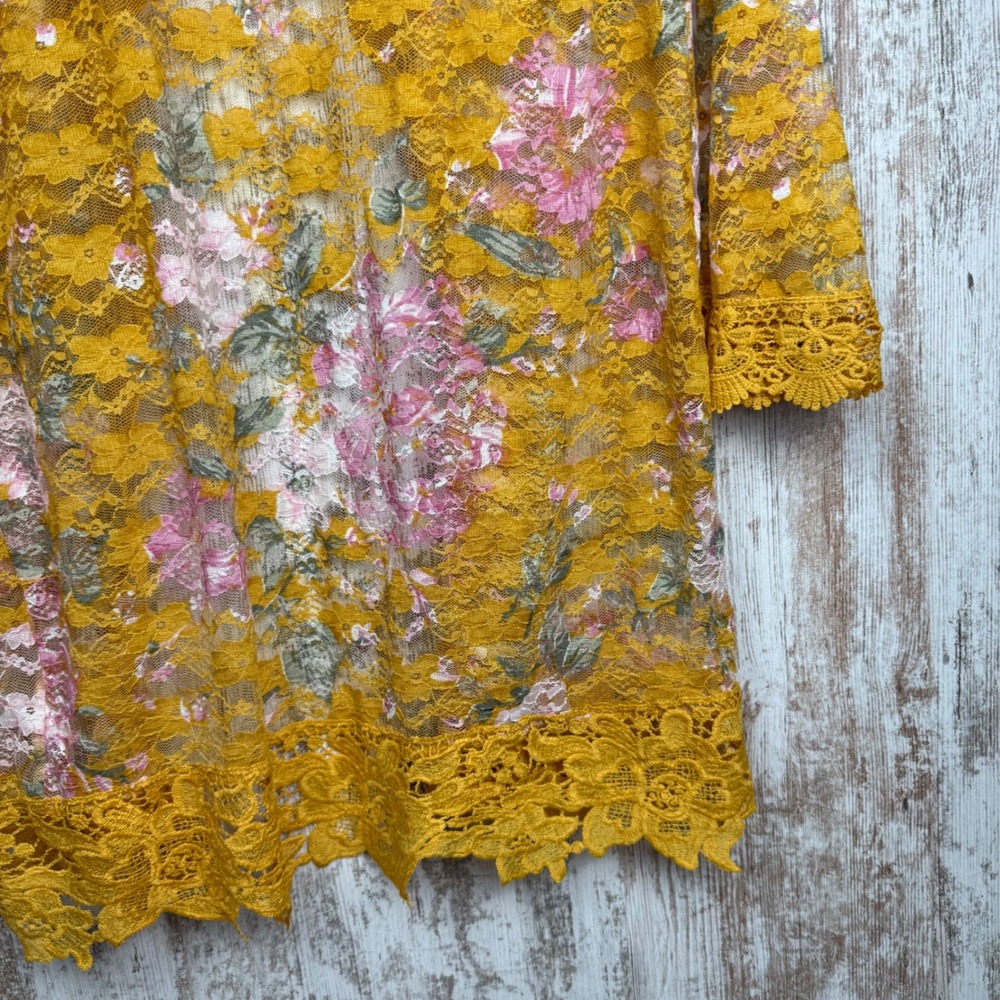 Jolie & Joy Floral Lace Kimono Cardigan Yellow Pink Bell Sleeve Large Feminine - Picture 12 of 12